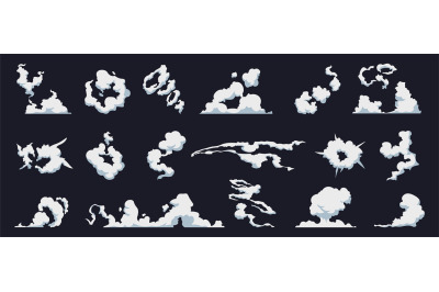 Smoke cloud. Cartoon fog puff. Collection of cloudscape templates. Ste