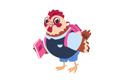 Cute cartoon chicken with book and backpack. Uniform for study and sch