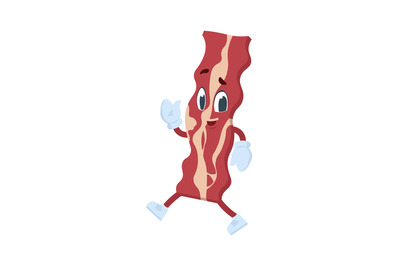 Bacon character. Meal mascot waving hand for meat product advertising,