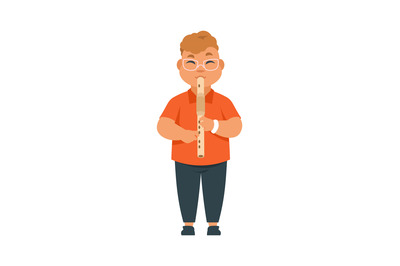 Boy musician. Standing child with flute. Kid playing musical instrumen