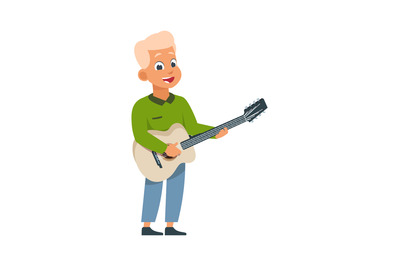 Cartoon boy with guitar. Child playing musical instrument at home, cla