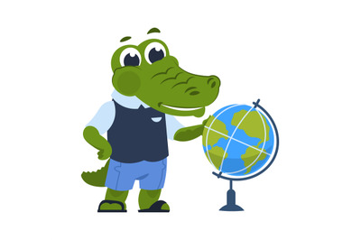 Cartoon crocodile with globe. Alligator in clothes learns geography, a