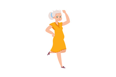 Cartoon dancing older woman. Female in yellow dress. Grandmother wavin