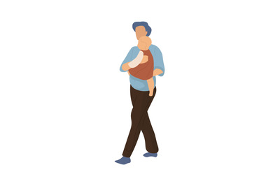 Cartoon family walking. Man carries little child, mother or father wit