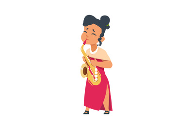 Cartoon girl playing sax. Female in red dress and saxophone, woman wit