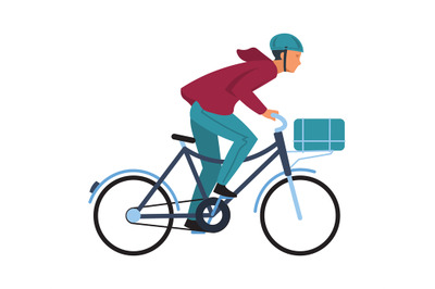 Cartoon man on bicycle. Simple character in casual clothes and helmet