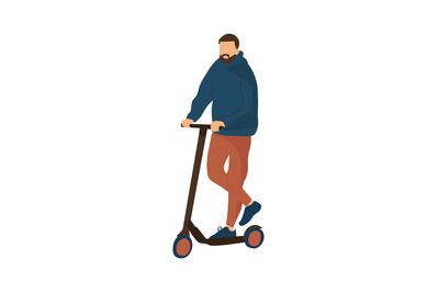 Cartoon man riding scooter. Modern ways of moving around city. Walking