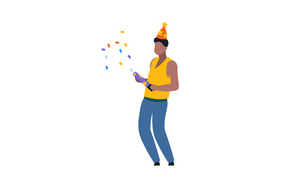 Cartoon dancing man with party hat. Festival with crackers&2C; confetti a