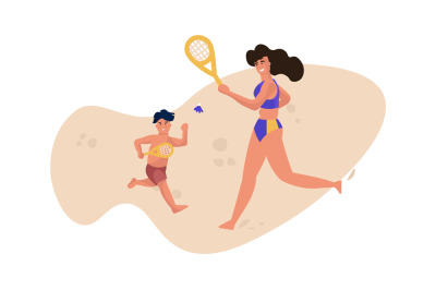 Family beach activity. People in swimsuits playing tennis. Mother and