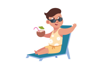 Flat child on summer holidays at beach. Cute boy sitting on lounge wit