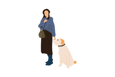 Trendy woman with dog. Female walking with animal, recreation in city.