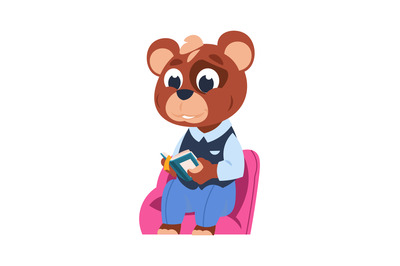 Funny bear character. Little forest citizen sitting and studying, anim