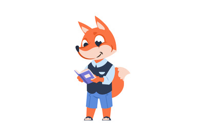 Funny cartoon fox kid with book. Forest animal getting education, deve