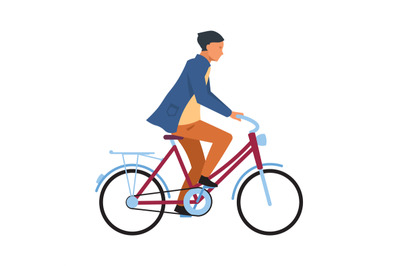 Man riding on bicycle. Cyclist guy in casual clothes rides on bike. Si