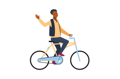 Man riding on bicycle. Cyclist african guy rides on bike and waving ha