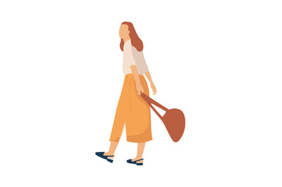 Modern cartoon female person. Woman character going for walk in park.