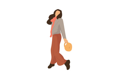 Modern cartoon woman walking. Girl going to park, cozy female clothes.