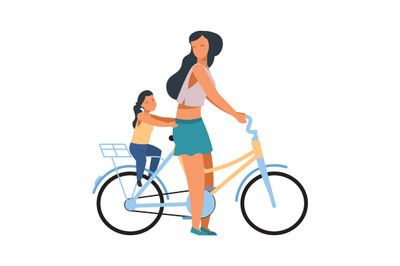 Mother and child on bike. Woman riding on bicycle with daughter. Femal