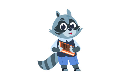 School raccoon character. Animal kid reading textbook, little forest c