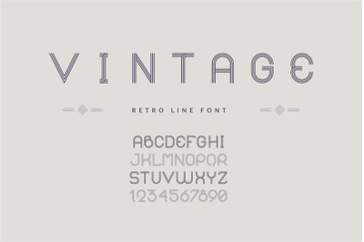 Vintage line font. Typeface with uppercase symbols and numbers. Englis