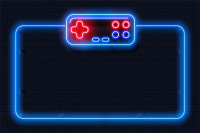 Neon game background. Square shape with joystick, control buttons, con