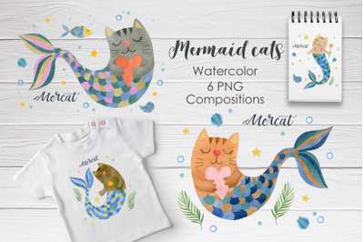 Watercolor mermaid cats premade illustrations.