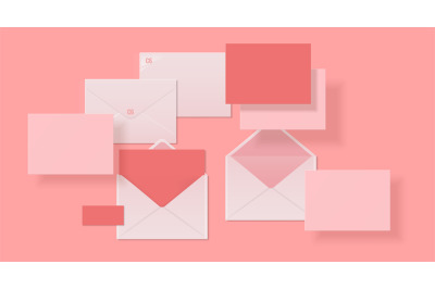 Realistic envelopes. Paper or cardboard 3D mockup design&2C; open and clo