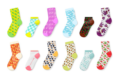 Socks mockup. Realistic colored templates of foot wear&2C; long and short