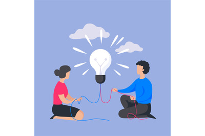 Business people concept. Man and woman with light bulb. Insight in tea