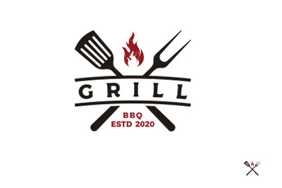 Vintage Grill barbecue bbq with crossed fork and fire flame Logo