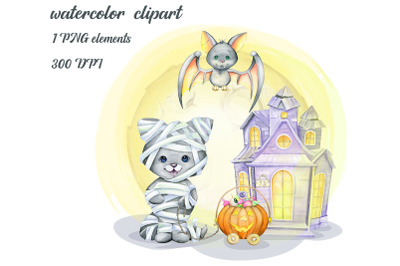Watercolor Halloween Clipart, Cute Monsters, Witch, Vampire, Ghost, Sk