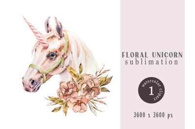 Watercolor floral unicorn t-shirt sublimation- 1 png file