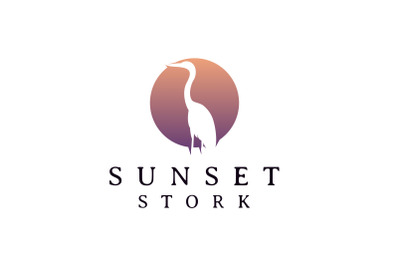 Stork Heron Bird on River Lake Creek Sunset Logo Design