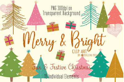 Colorful Christmas Tree Clipart, Bright Modern Christmas Trees, PNG