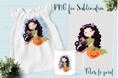 Halloween little witch sublimation. Design for printing.
