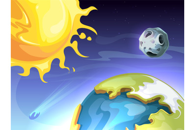 Solar system. Sun earth moon in space, astronomy universe background.