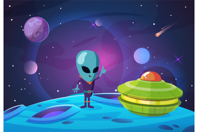 Space colonization background. Alien, ufo character on new planet in u