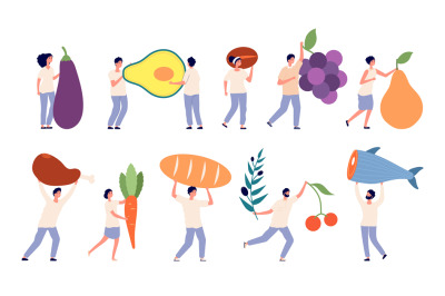 Tiny people hold big food. Fruit vegetables, giant goods. Store or sup