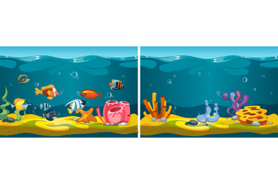 Underwater world. Cartoon fish, corals seaweed plants. Sea life, ocean