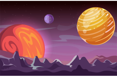 Universe background. Cartoon space, planets in cosmos. Game location,