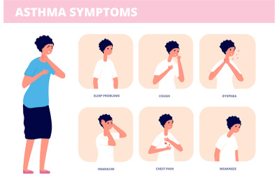 Asthma symptoms. Person choking&2C; chronic breathing problem disease. As