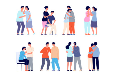 People comforting. Man support, comforted shoulder hugs or emotional c