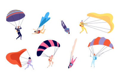 Skydiving characters. Skydiver, free jumping and sky flying. Extreme s