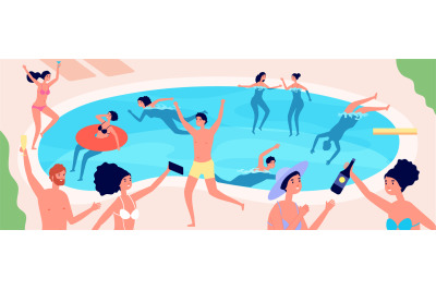 Pool party. Summer vacation, cartoon friends have fun meeting. Boy gir