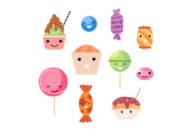 Kawaii sweets. Smile sweet desserts, crazy candy cupcake and lollipops