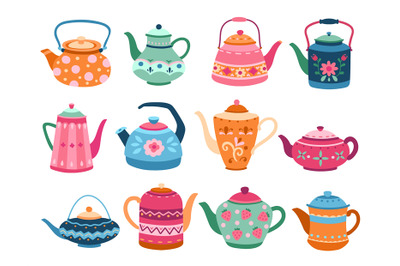 Cute teapots. Kitchen tools, cartoon teapot or kettle decorative ceram