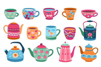 Cups and teapot. Scandinavian kitchen cup, trendy colored coffee mug k