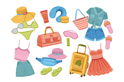 Travel stuff. Traveller suitcase, doodle fashion shoes and clothes. To