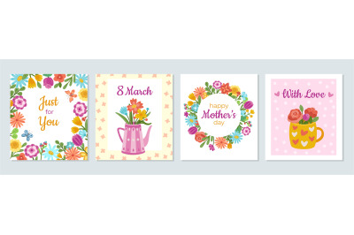 Floral woman cards. Love banner&2C; womens day flowers bouquet flyers tem