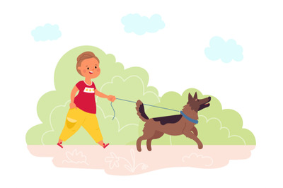 Walking dog in park. Summer outdoor walk, pet and child run together.